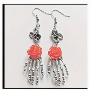 Silver Skeleton Hand & Flower Earrings